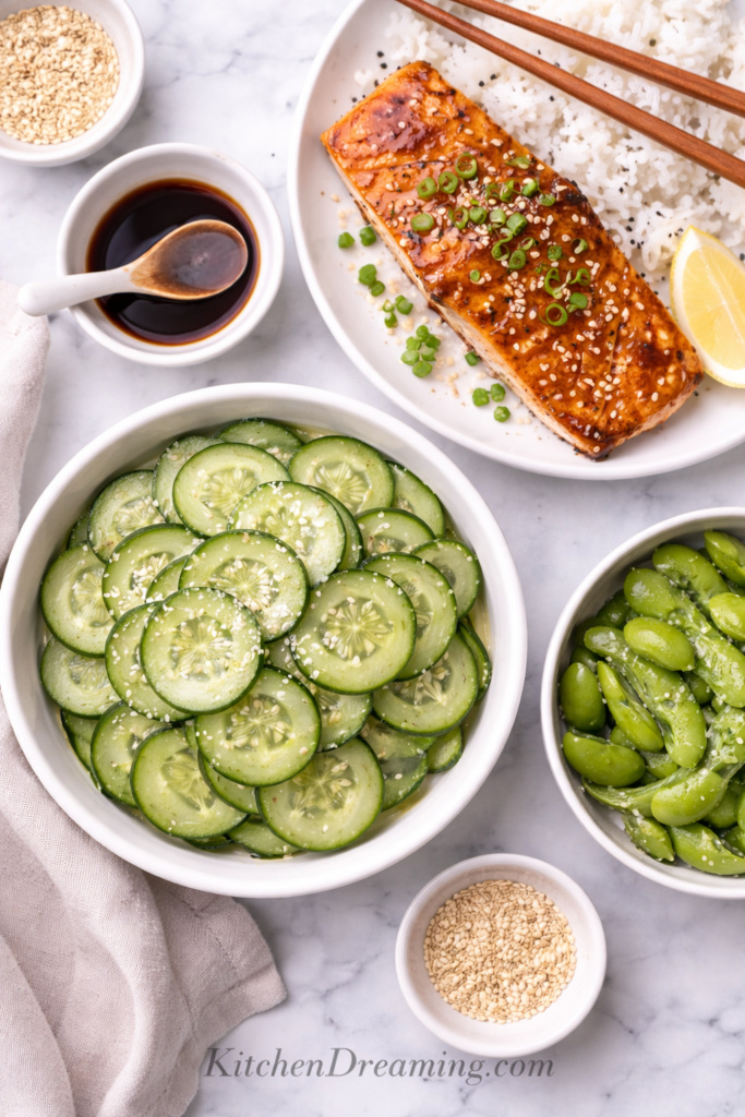 Japanese Cucumber Salad (Sunomono Recipe) Easy and Refreshing 5 Japanese cucumber salad served with salmon and rice.
