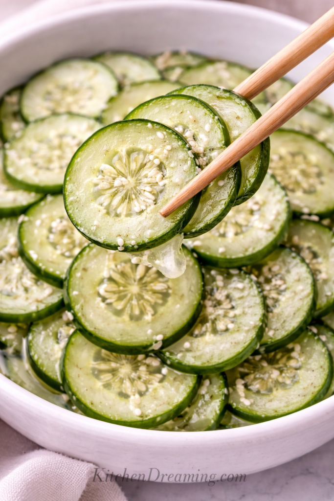 Japanese Cucumber Salad (Sunomono Recipe) Easy and Refreshing 6 Close-up of Japanese cucumber salad with chopsticks.