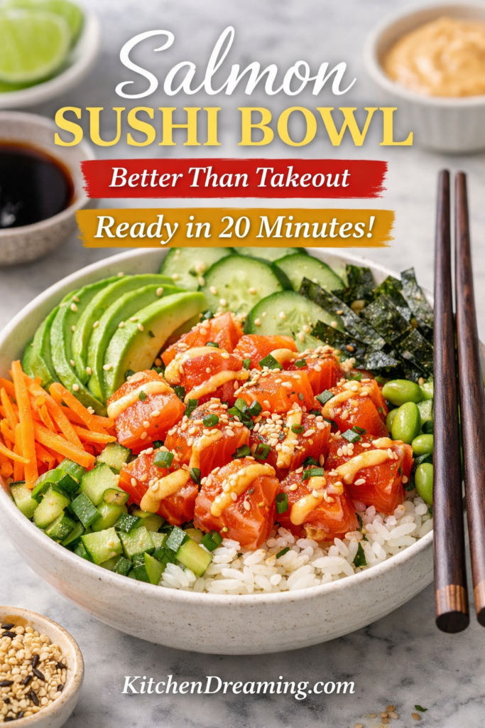 Salmon Sushi Bowl Recipe (Fresh Sushi Grade Salmon Bowl) 9 Salmon sushi bowl recipe with rice, avocado, cucumber, and sesame seeds.