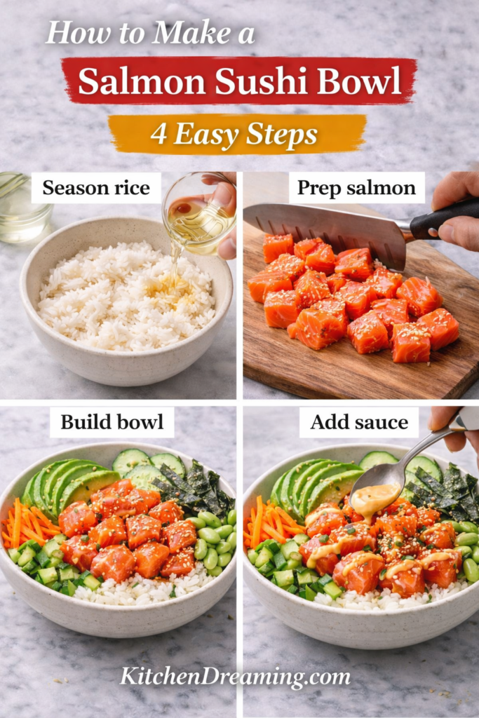 Salmon Sushi Bowl Recipe (Fresh Sushi Grade Salmon Bowl) 11 Healthy salmon sushi bowl with avocado, rice, and fresh vegetables.