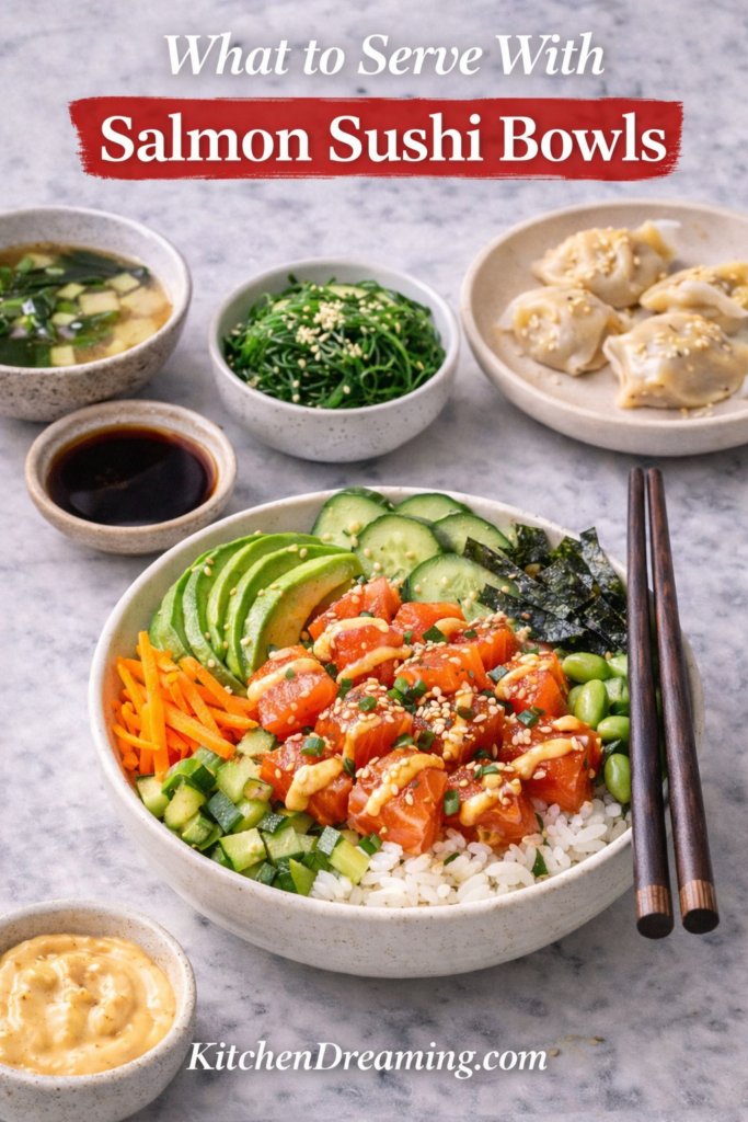 Salmon Sushi Bowl Recipe (Fresh Sushi Grade Salmon Bowl) 12 What to serve with salmon sushi bowl including miso soup and side dishes.