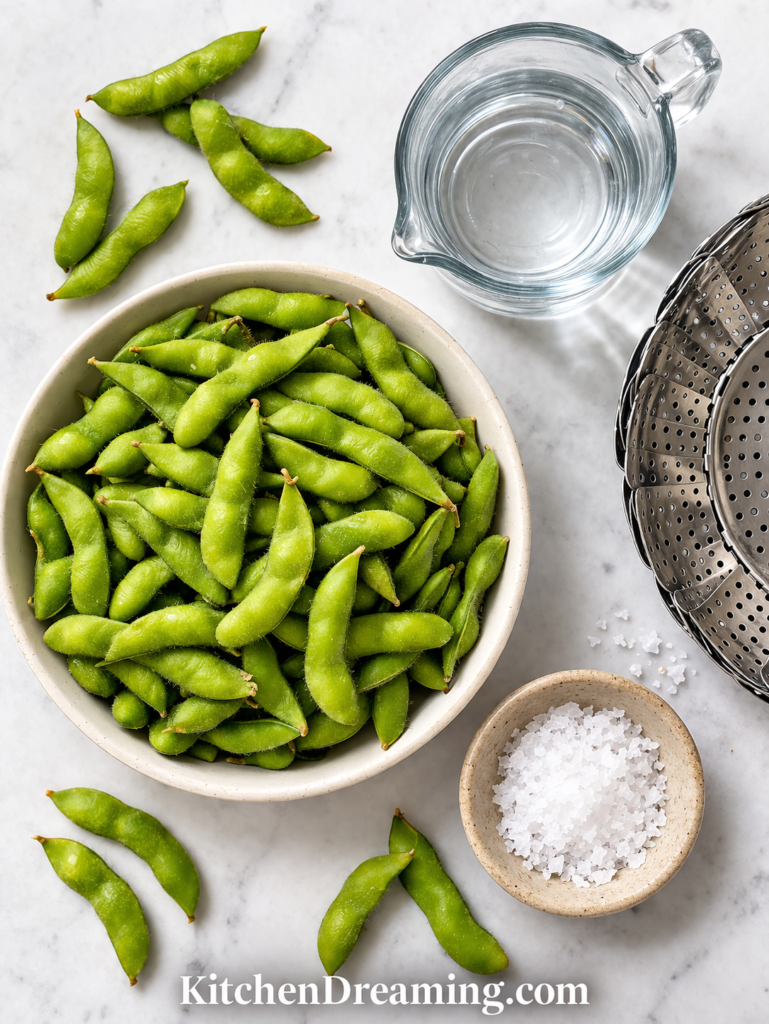 Steamed Edamame Recipe Ready in Minutes 2 ingredients for steamed edamame recipe pods sea salt water