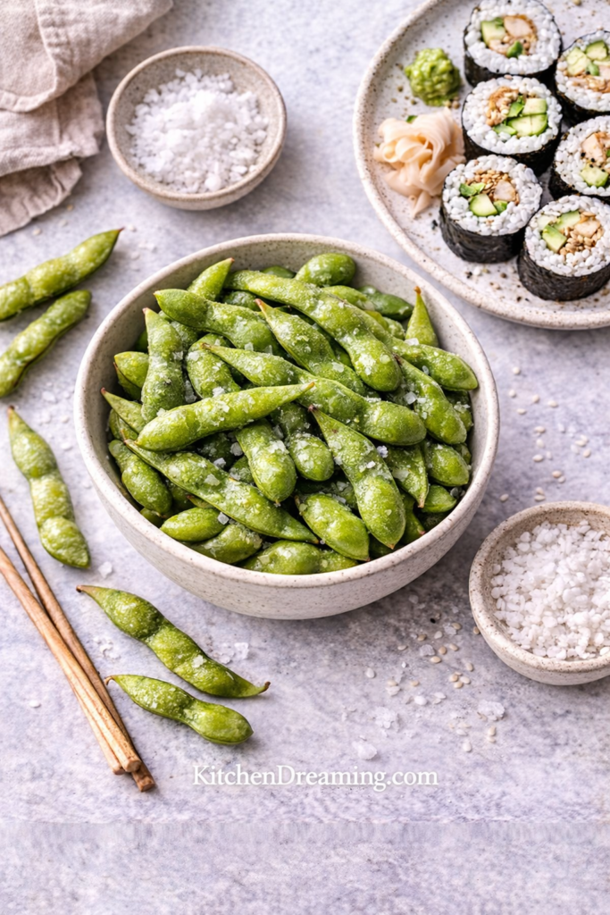 Steamed Edamame Recipe Ready in Minutes 4 steamed edamame served with sushi and rice bowl meal