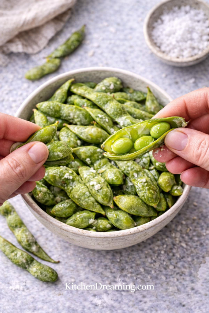 Steamed Edamame Recipe Ready in Minutes 6 close up steamed edamame texture with sea salt on pods
