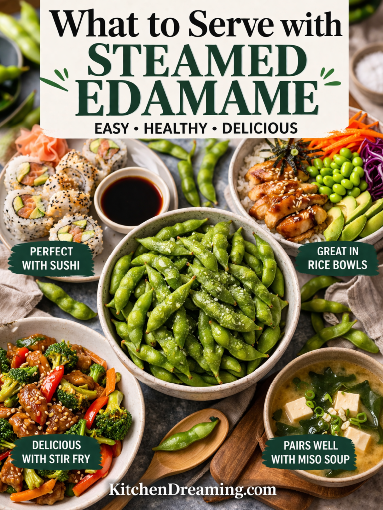 Steamed Edamame Recipe Ready in Minutes 12 steamed edamame served with sushi and rice bowl meal