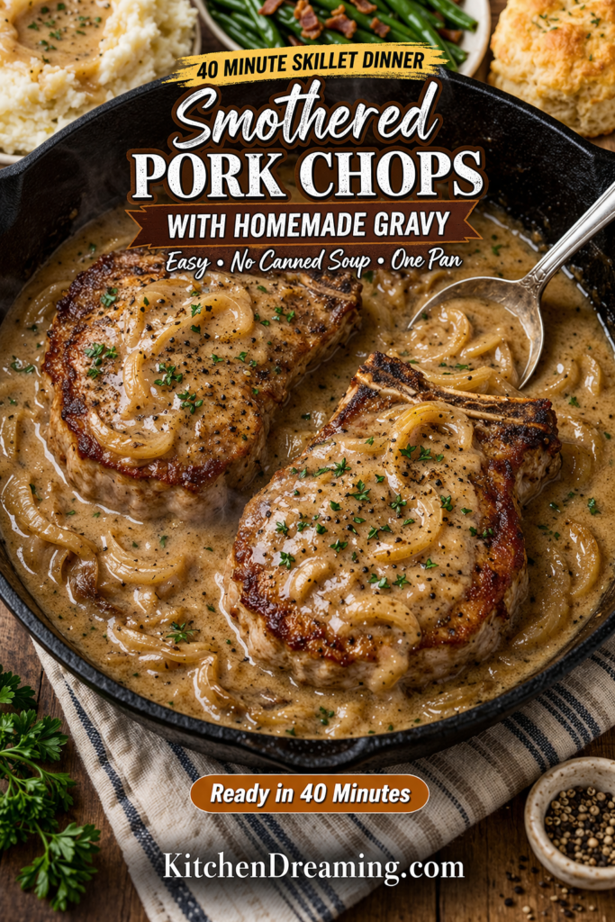 Smothered Pork Chops Recipe with Homemade Gravy (Easy Skillet) 9 Smothered pork chops in homemade gravy cooked in a cast iron skillet.