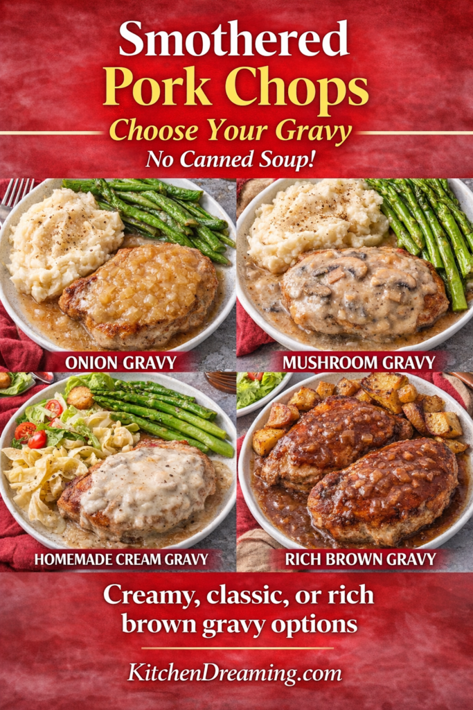 Smothered Pork Chops Recipe with Homemade Gravy (Easy Skillet) 10 Four types of gravy for smothered pork chops onion milk mushroom and brown gravy.