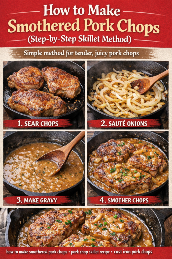 Smothered Pork Chops Recipe with Homemade Gravy (Easy Skillet) 11 Step by step smothered pork chops recipe showing searing and gravy process.