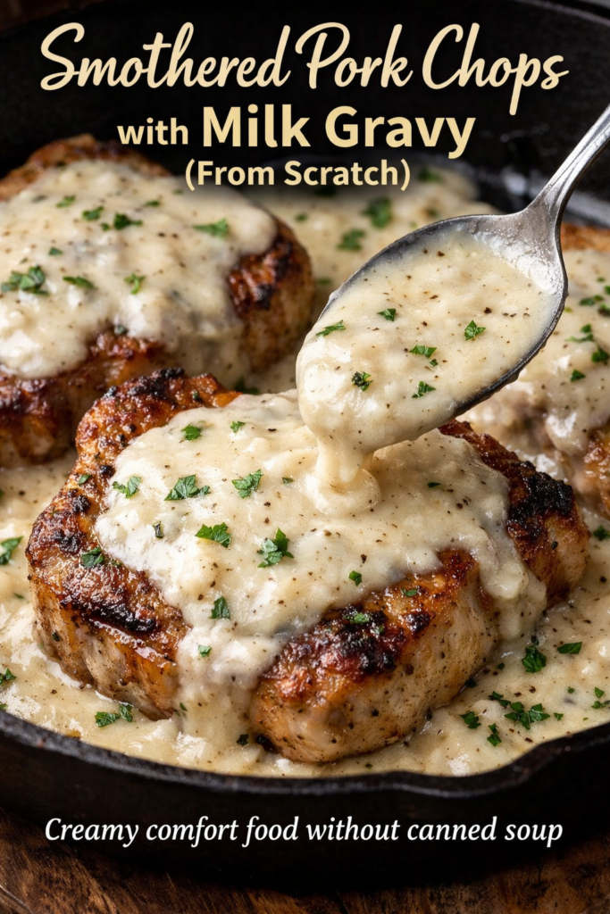 Smothered Pork Chops Recipe with Homemade Gravy (Easy Skillet) 12 Smothered pork chops with creamy milk gravy from scratch.