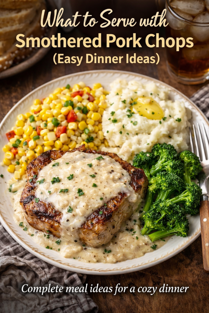 Smothered Pork Chops Recipe with Homemade Gravy (Easy Skillet) 13 Smothered pork chops served with mashed potatoes corn and broccoli.