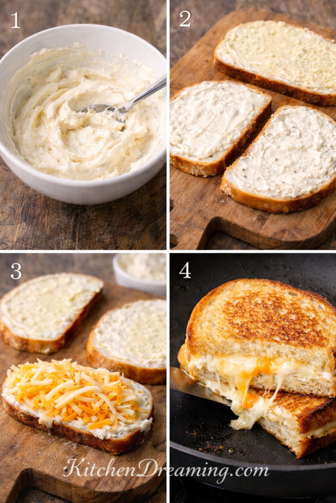 Disney Grilled Cheese Recipe With Cream Cheese Spread 3 Ingredients for Disney grilled cheese recipe including sourdough bread, cream cheese, mayonnaise, shredded cheddar, provolone, butter, and salt.