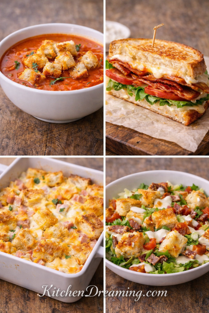 Disney Grilled Cheese Recipe With Cream Cheese Spread 4 Collage of leftover ideas using Disney grilled cheese recipe, including soup croutons, sandwich variation, casserole, and salad toppings.