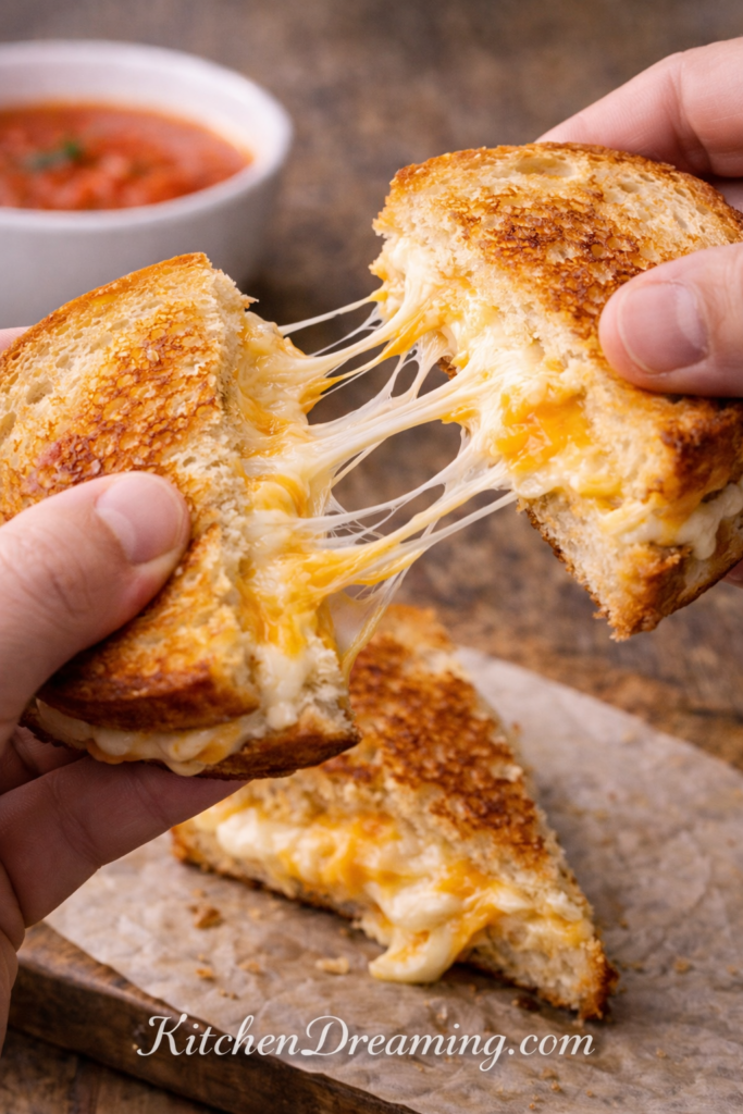 Disney Grilled Cheese Recipe With Cream Cheese Spread 5 Hands pulling apart a Disney grilled cheese recipe sandwich on sourdough with stretchy melted cheddar and provolone and cream cheese spread.