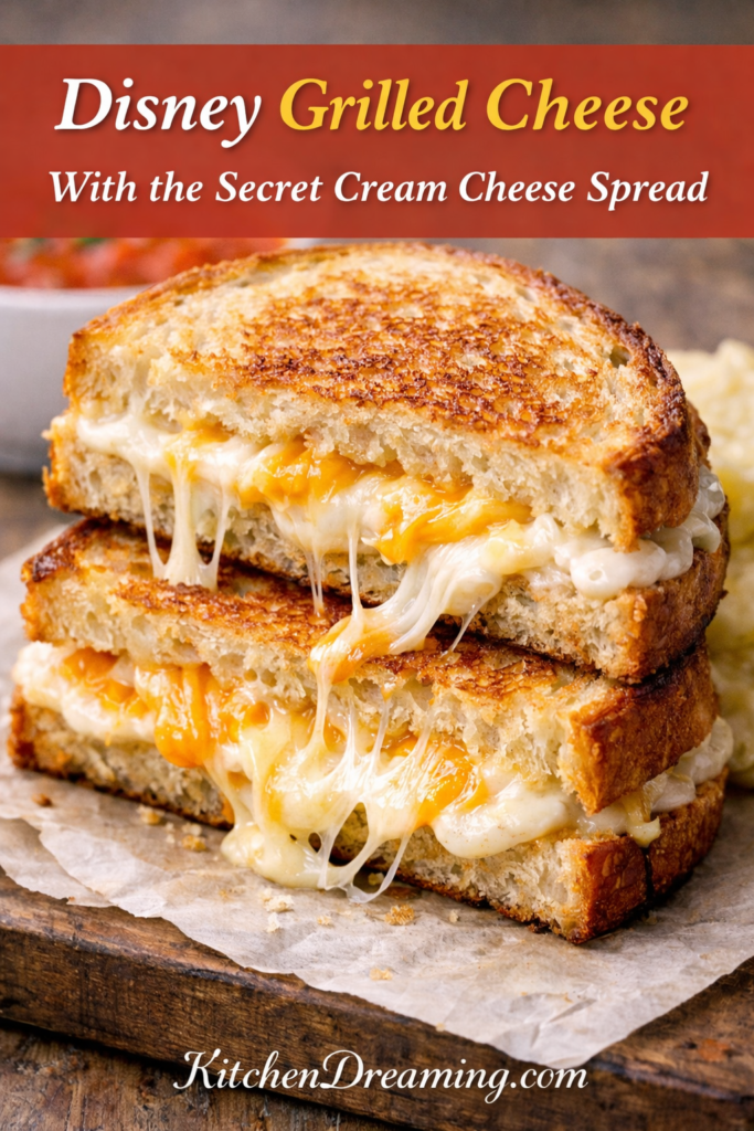 Disney Grilled Cheese Recipe With Cream Cheese Spread 8 Disney grilled cheese recipe on sourdough with cream cheese spread and melted cheddar and provolone, served with tomato soup.