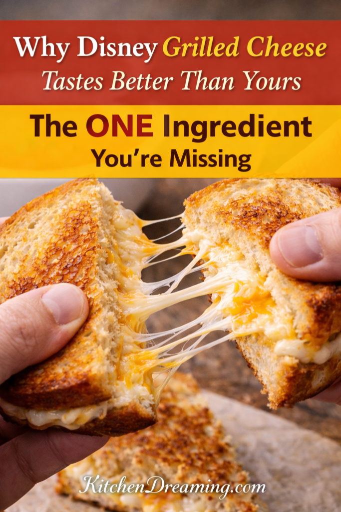 Disney Grilled Cheese Recipe With Cream Cheese Spread 9 Hands pulling apart a Disney grilled cheese recipe sandwich showing creamy cheese stretch and crispy sourdough texture.