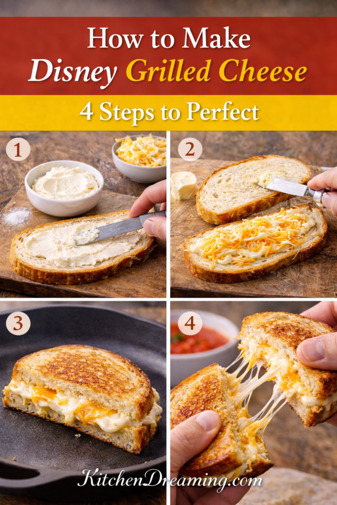 Disney Grilled Cheese Recipe With Cream Cheese Spread 10 Step by step collage showing how to make Disney grilled cheese recipe with cream cheese spread and shredded cheese on sourdough.