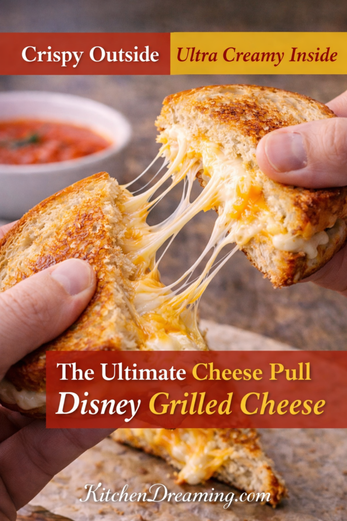 Disney Grilled Cheese Recipe With Cream Cheese Spread 11 Close up of Disney grilled cheese recipe with stretchy melted cheese and golden crispy sourdough crust.