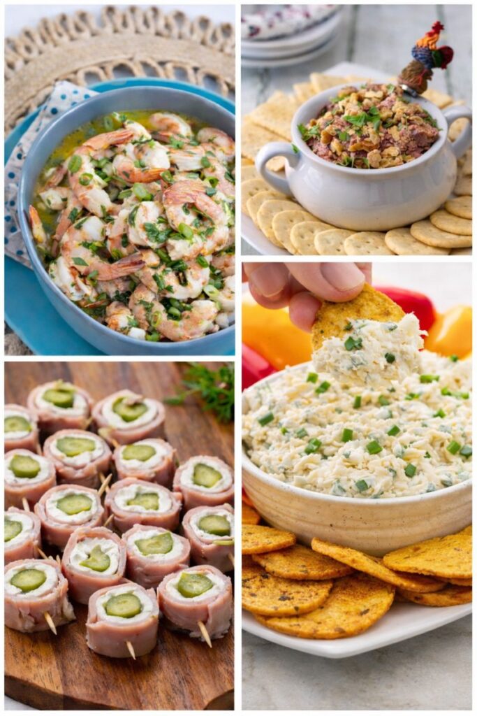 The Ultimate Appetizer Guide: 25 Make-Ahead Southern Appetizers 2 A collage of make-ahead southern appetizers including marinated shrimp, port wine cheese spread, pickle roll-ups, and cold crab dip served for a party.