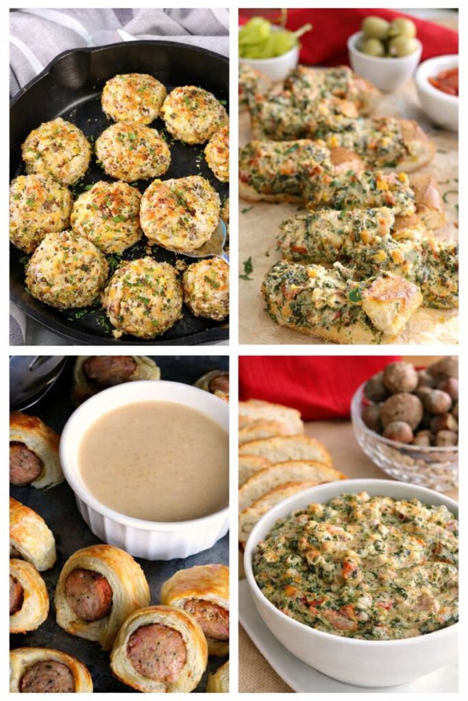 The Ultimate Appetizer Guide: 25 Make-Ahead Southern Appetizers 3 A collage of warm Southern appetizers including sausage balls, spinach artichoke crostini, sausage pinwheels, and creamy hot dip served for parties.