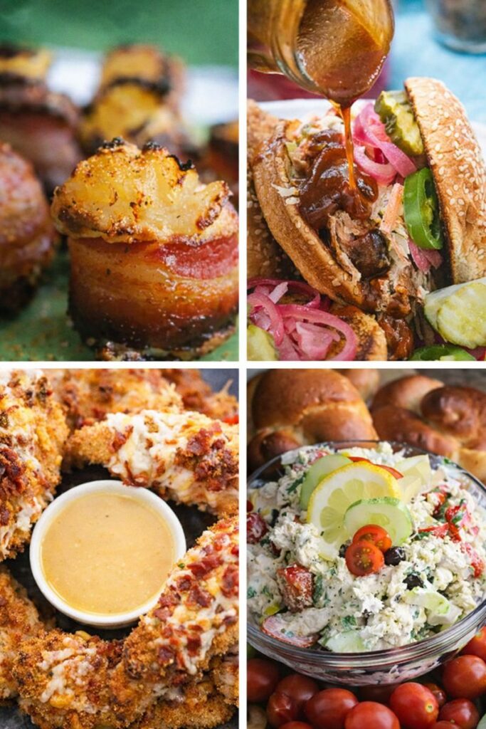 The Ultimate Appetizer Guide: 25 Make-Ahead Southern Appetizers 5 A collage of protein-packed party appetizers including sausage pinwheels, cornbread muffins, meatballs in sauce, and individual pasta salad cups.