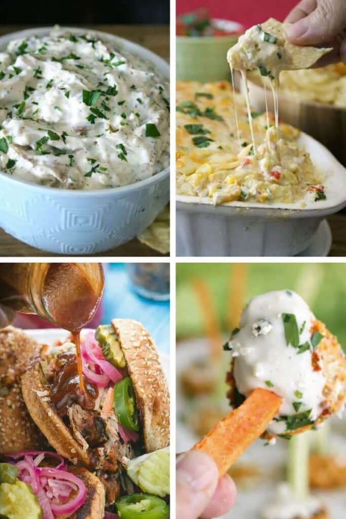 The Ultimate Appetizer Guide: 25 Make-Ahead Southern Appetizers 6 A collage of bold Southern appetizers including bacon-wrapped pineapple bites, pulled pork sliders, cheesy chicken appetizers, and creamy vegetable dip.