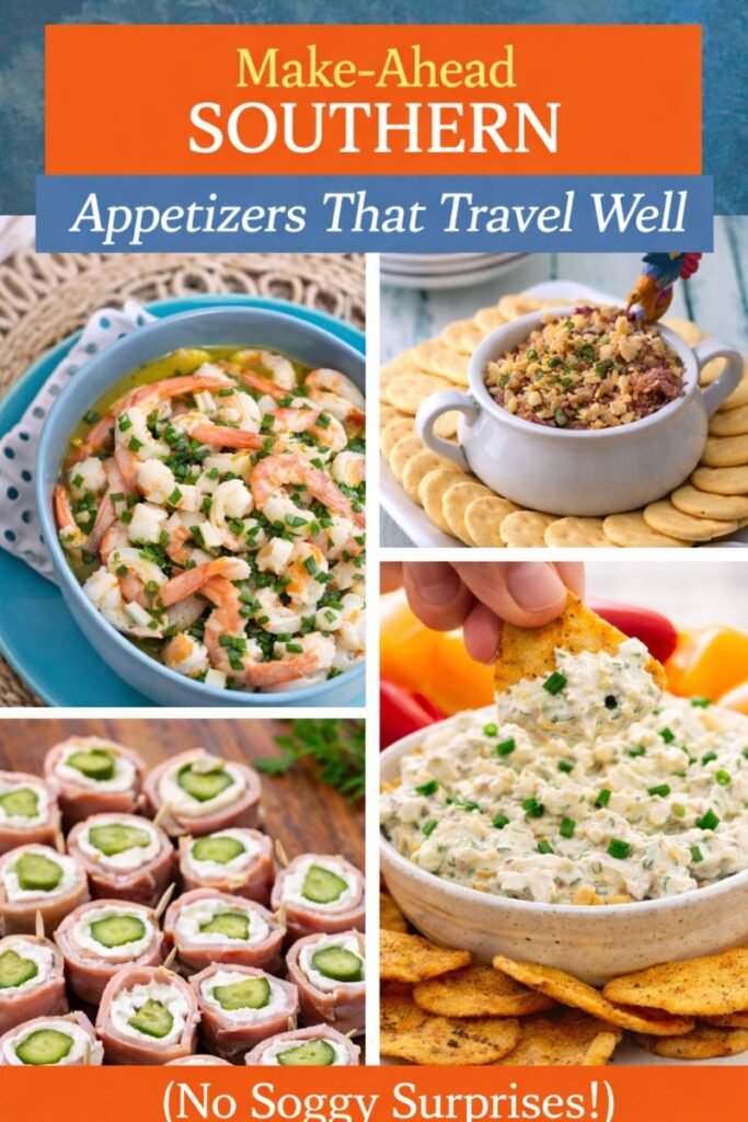 The Ultimate Appetizer Guide: 25 Make-Ahead Southern Appetizers 1 A collage of Southern make-ahead cold appetizers including marinated shrimp, port wine cheese spread, pickle roll-ups, and cold crab dip served for a party.